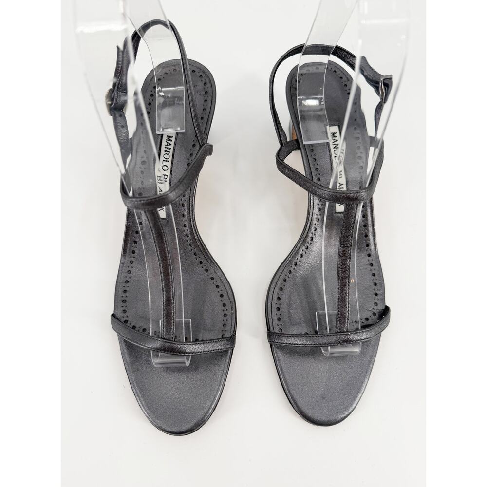 Manolo Blahnik Dark Gray Metallic Gunmetal Leather Strappy Sandals Heel 39.5